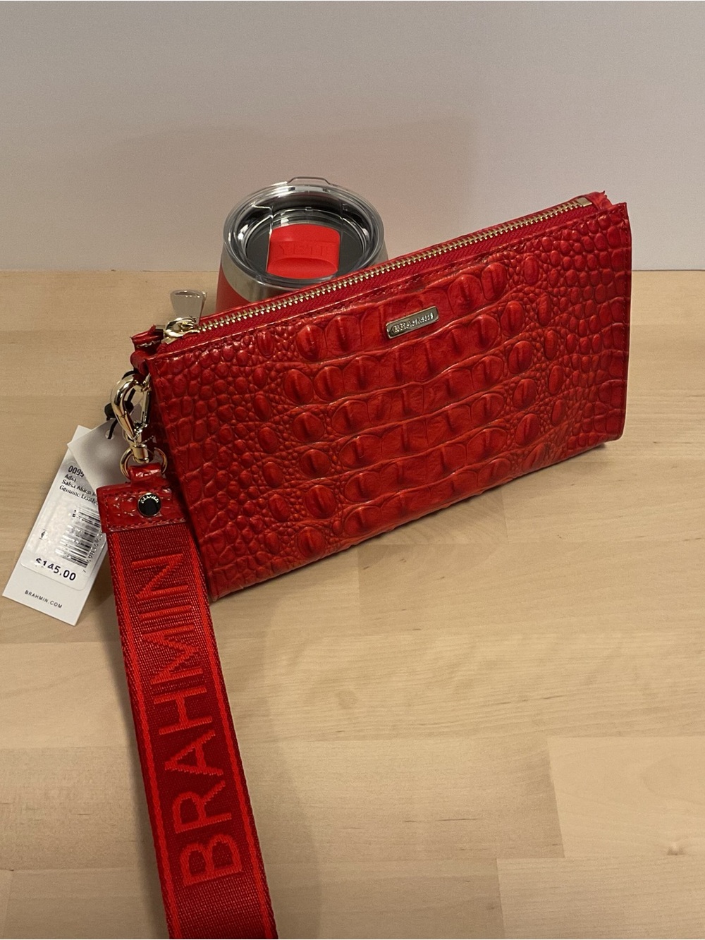 NewBrahmin Red Croc-Embossed Wristlet with Branded Strap “Soft Leather”